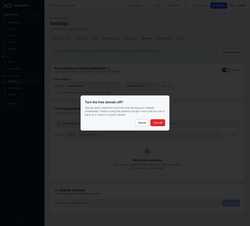 Turning the free address off asks for confirmation