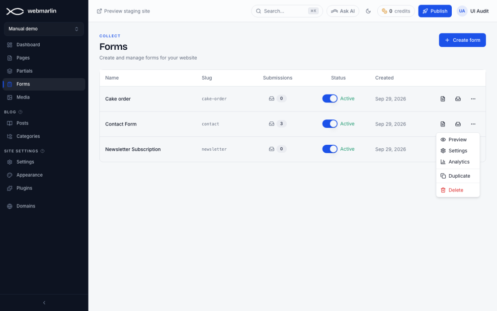 A form's ⋯ menu: Preview, Settings, Analytics, Duplicate and Delete