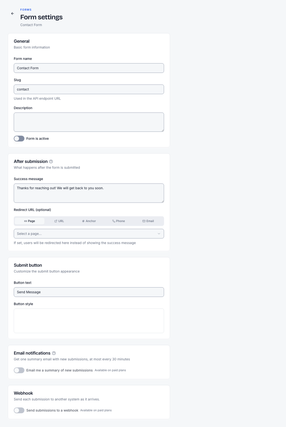 Form settings: General, After submission, Submit button, Email notifications and Webhook