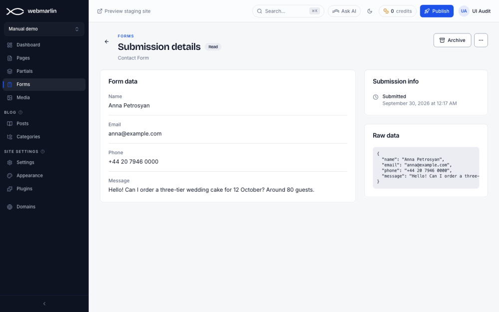 One submission: the answers, when it arrived and the raw data