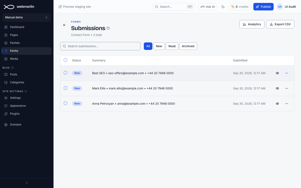 Submissions: search, filter by status, select rows for bulk actions