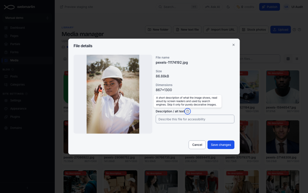 File details: name, size, dimensions, type and the description field