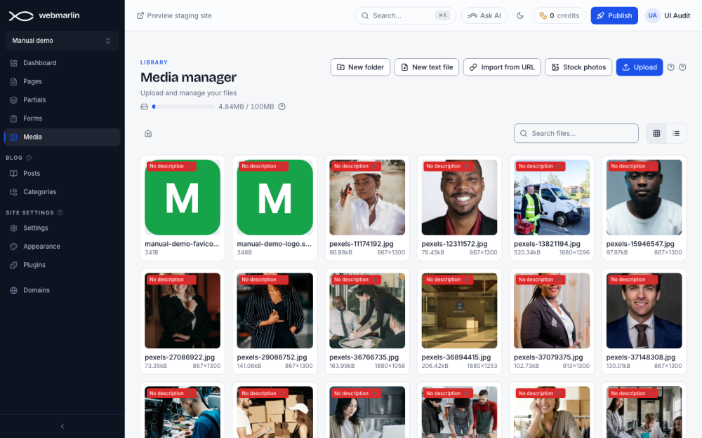 Media manager: the storage bar, the add buttons and the file grid; red badges mark images without a description