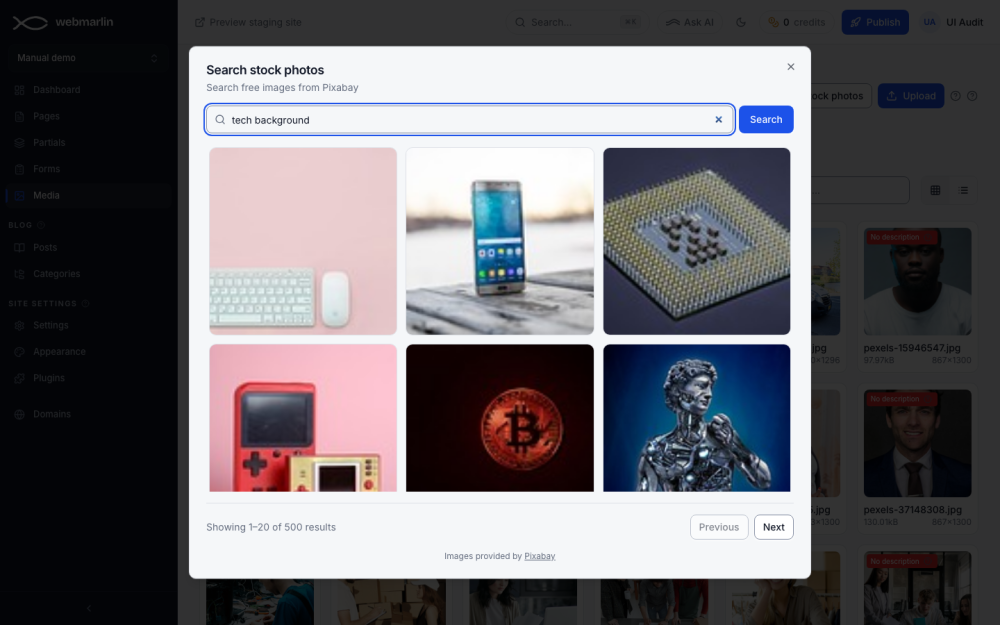 Stock photos: search, then Import the picture you want