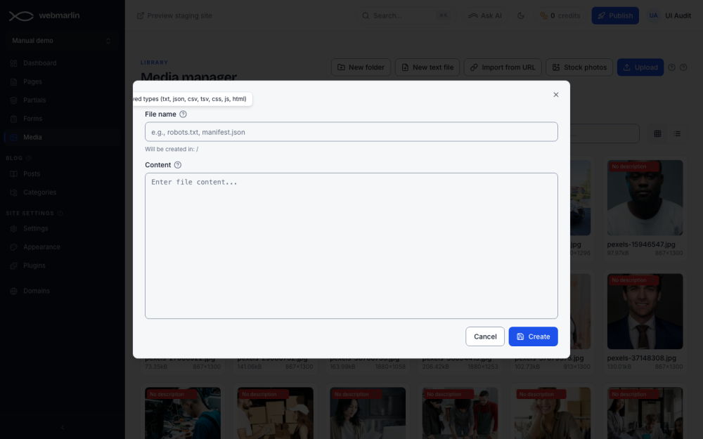 New text file: a name with an allowed extension, and the content