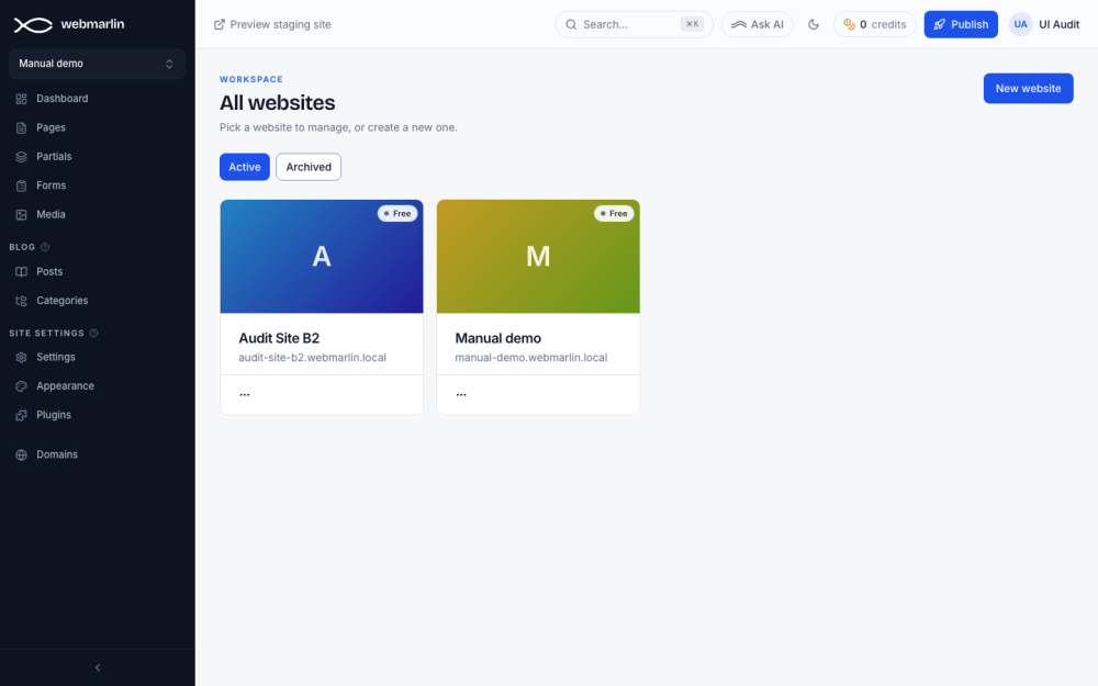 All websites: one card per site, with its plan badge and free address