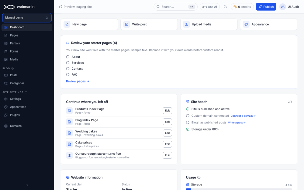 Quick actions, starter pages to review, recent edits and Site health