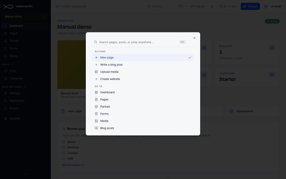 The command palette: actions first, then places to go