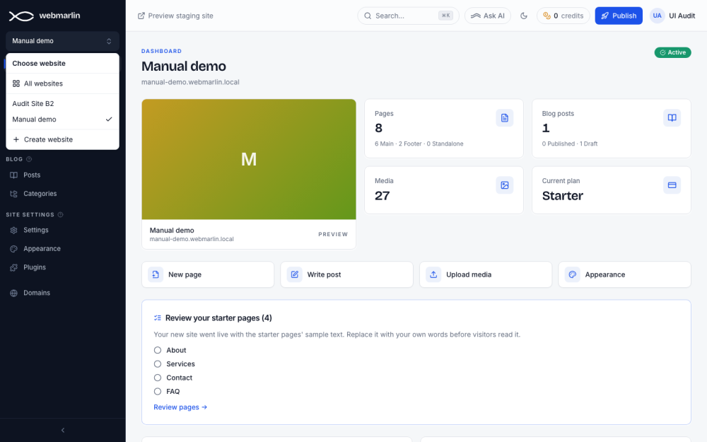 The website switcher: every site, All websites and Create website