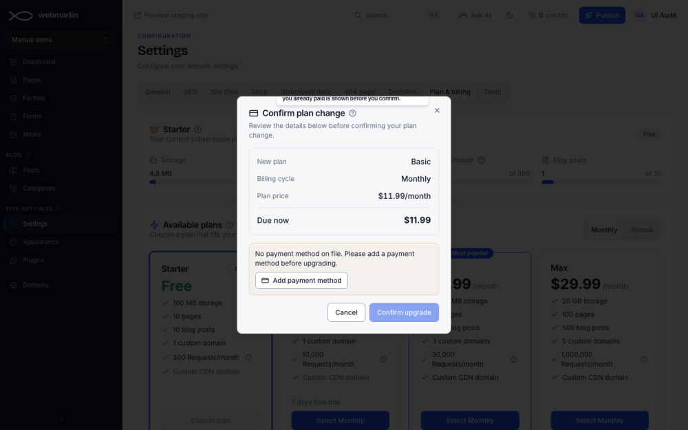 Confirm plan change: what you will pay now; a card is needed first