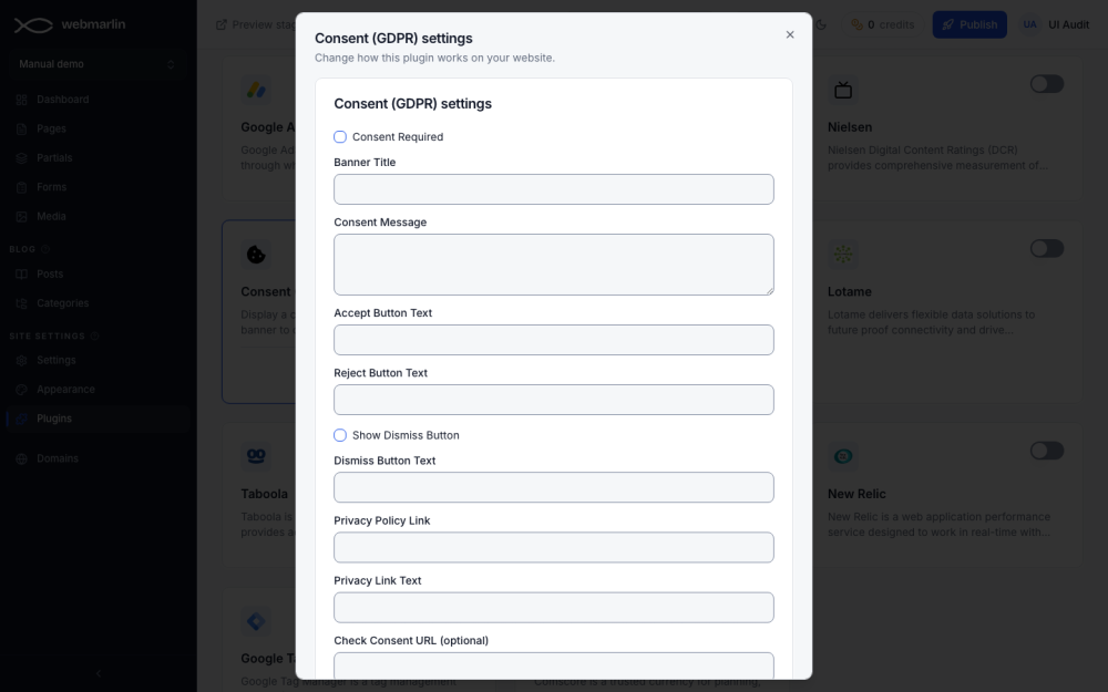 A plugin's settings: here the cookie consent banner's texts and privacy link