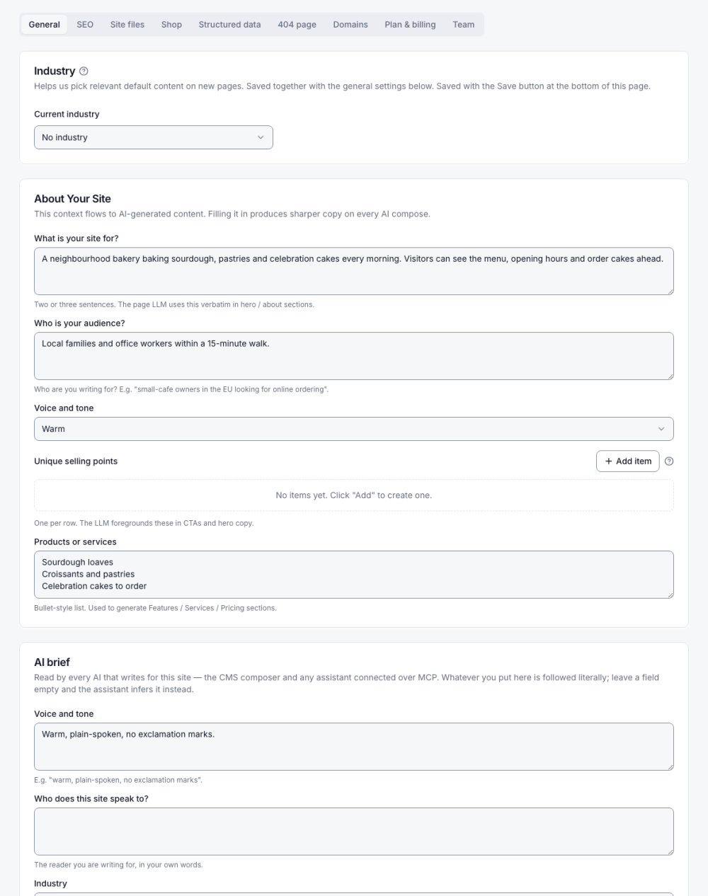Settings, General: industry and About Your Site come first