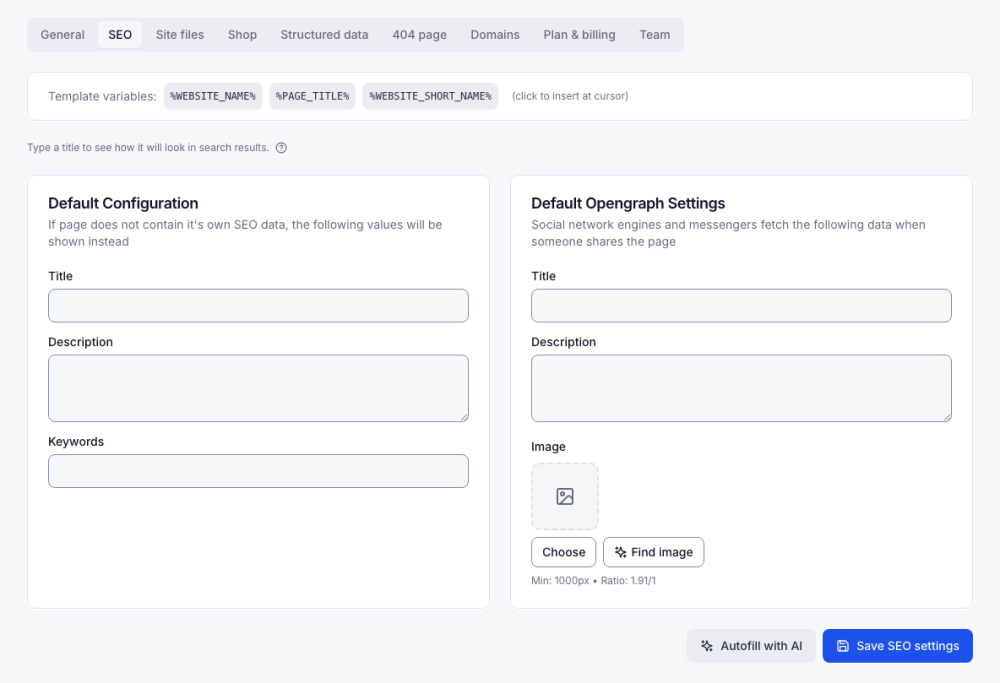Settings, SEO: the defaults for search results and for links shared on social networks