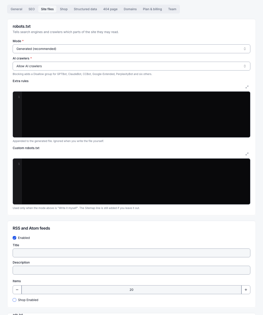 Site files: robots.txt rules and the RSS and Atom feeds