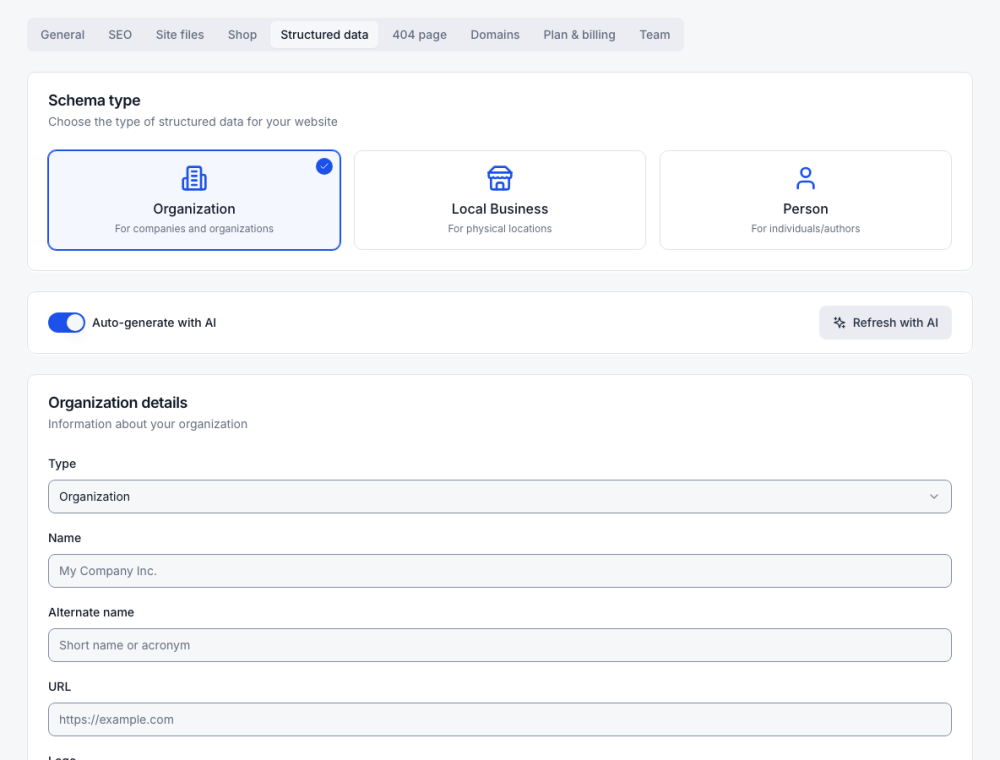 Structured data: pick the type, then fill the details or let AI do it