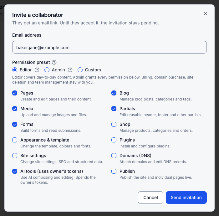 Invite a collaborator: Editor ticks pages, blog, media, partials, forms and AI tools