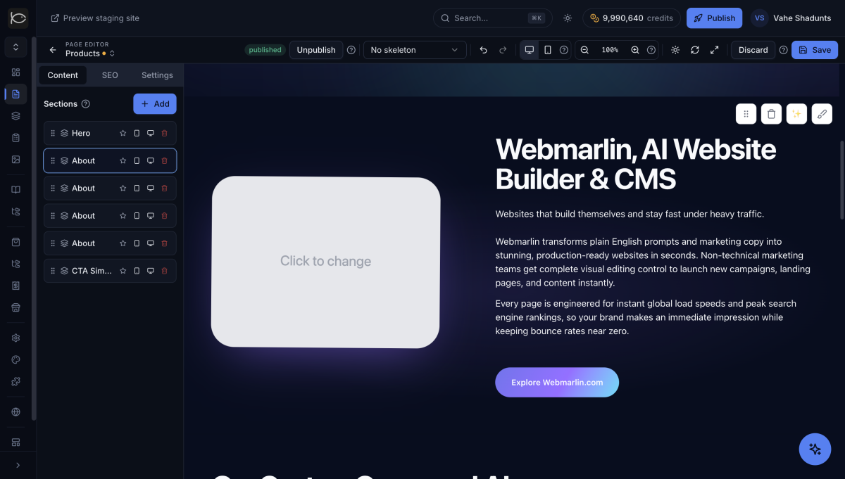 Webmarlin CMS Dashboard screenshot